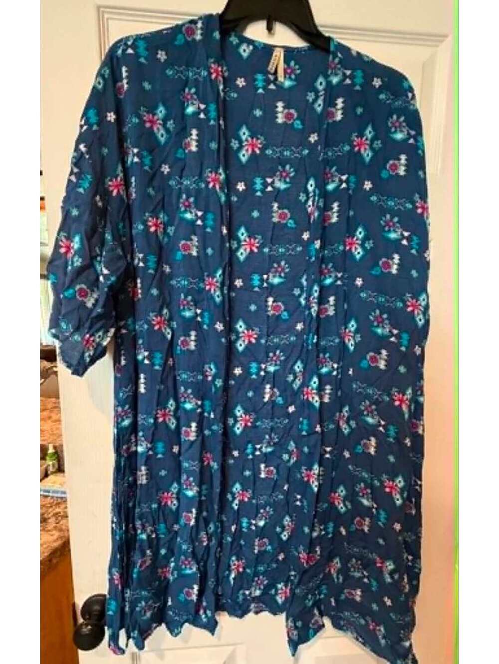 Roper Women's Blue Floral Print Open Front Kimono Cardigan, Size 1X